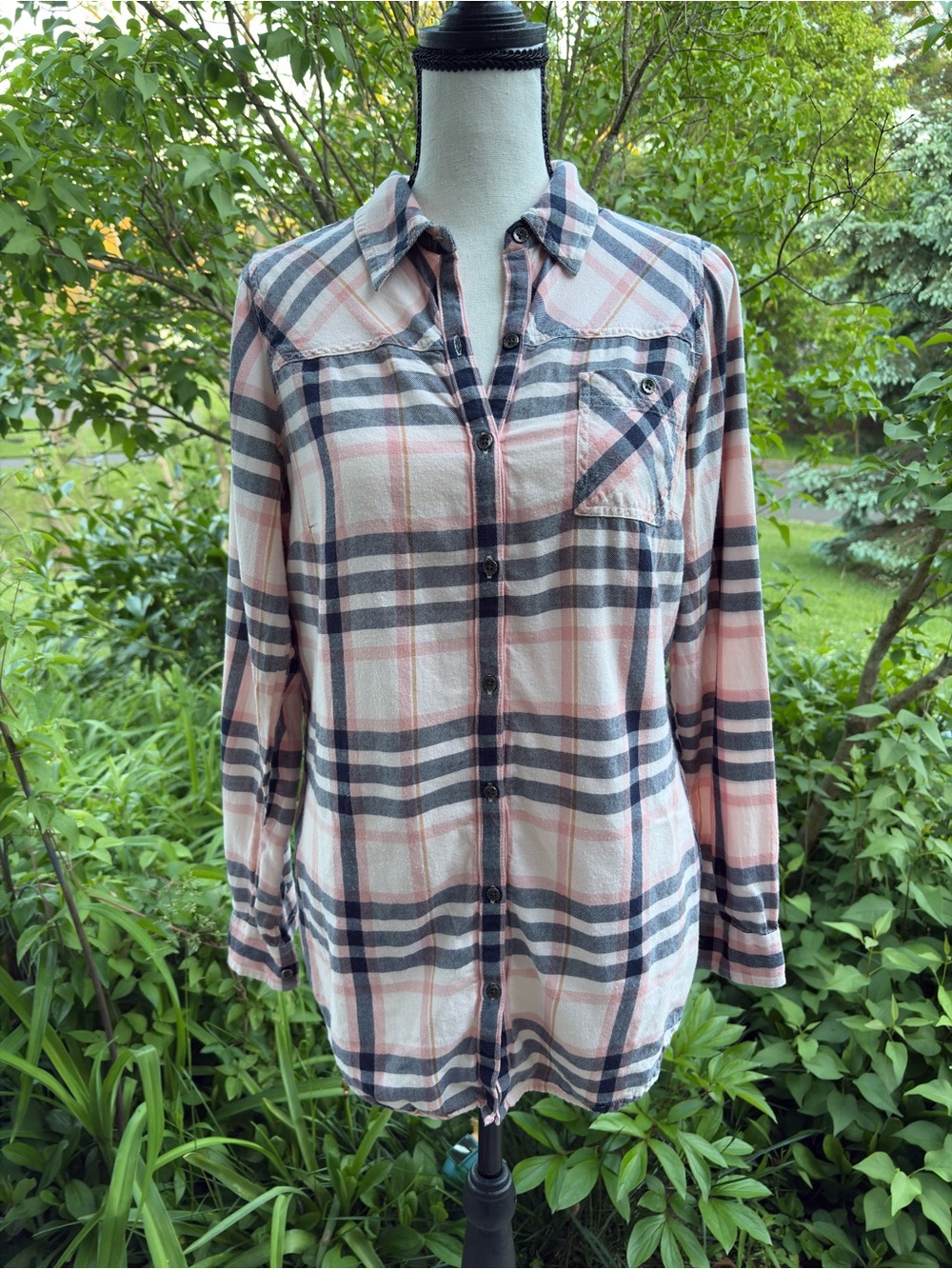 C Pink and Gray Plaid Shirt with Gold Logo Tag